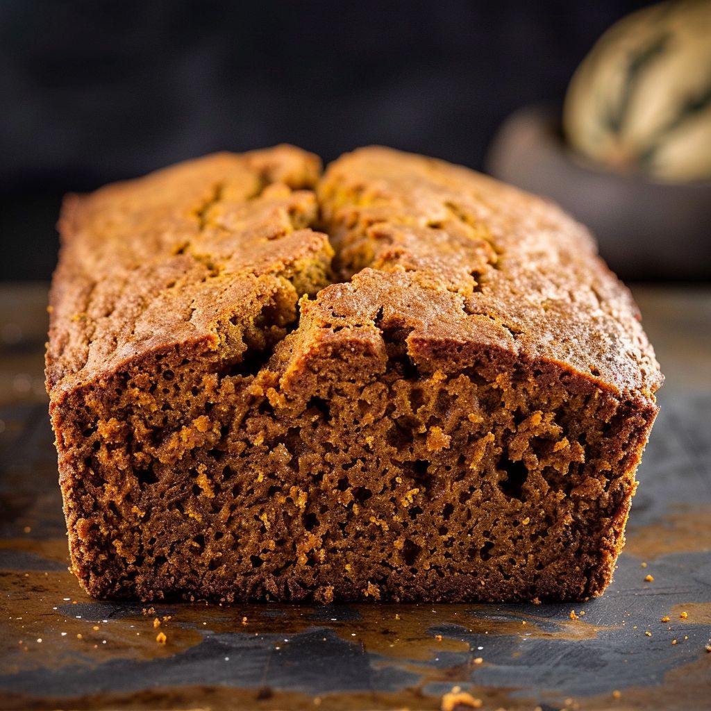 Close-up of a loaf of pumpkin bread with a golden-brown crust on a wooden surface.