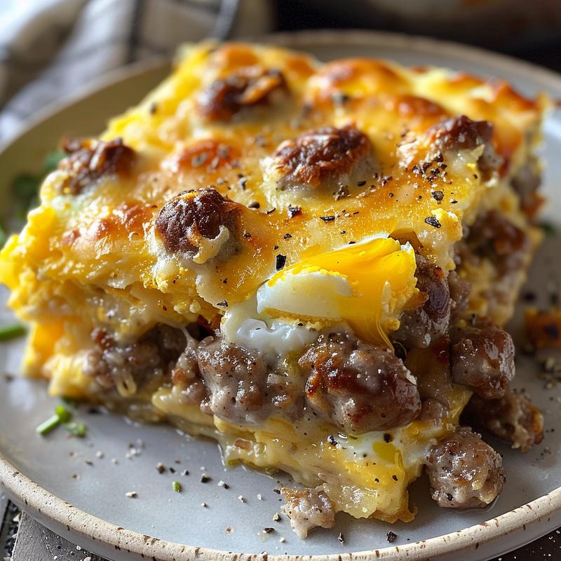 Close-up of a slice of sausage egg and cheese casserole on a light grey plate, showcasing its golden-brown crust and creamy interior.