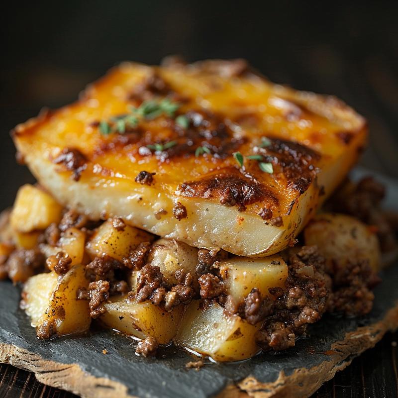 A close-up of a hearty ground beef and potatoes casserole on a rustic slate plate, featuring rich textures and colors.