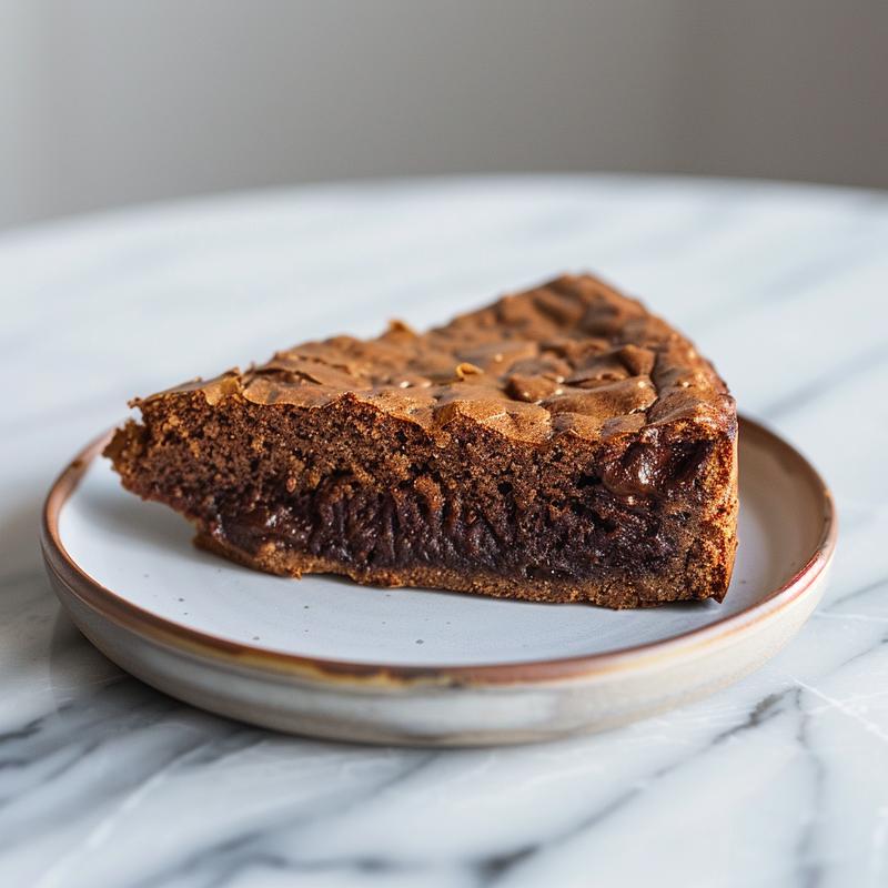 Close-up of a slice of chocolate dump cake on a white plate, set against a marble background.