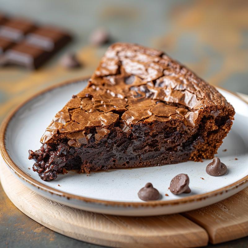 A close-up of a slice of chocolate dump cake on a minimalist wooden board, showing rich chocolate texture and soft shadows.