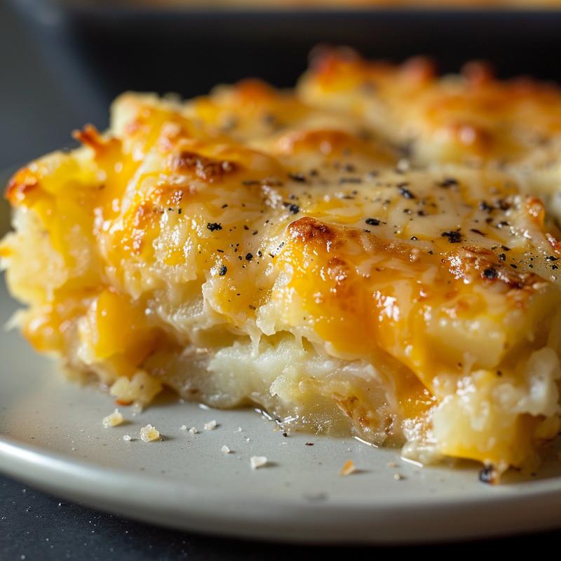 Close-up of a cheesy hashbrown potato casserole on a light grey plate.