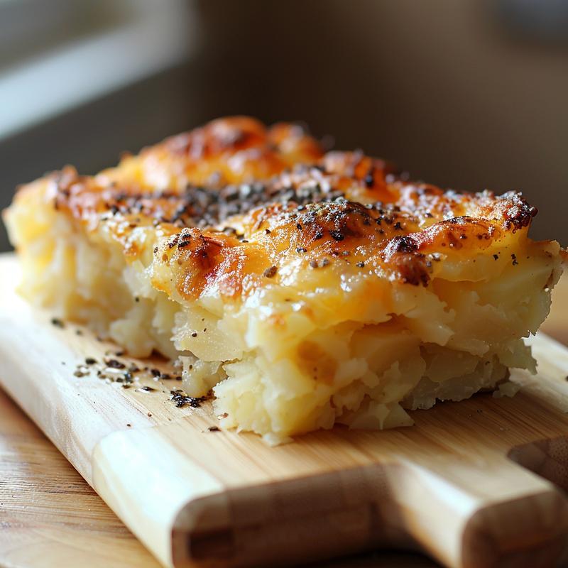 Close-up of a serving of cheesy hashbrown potato casserole on a wooden board.
