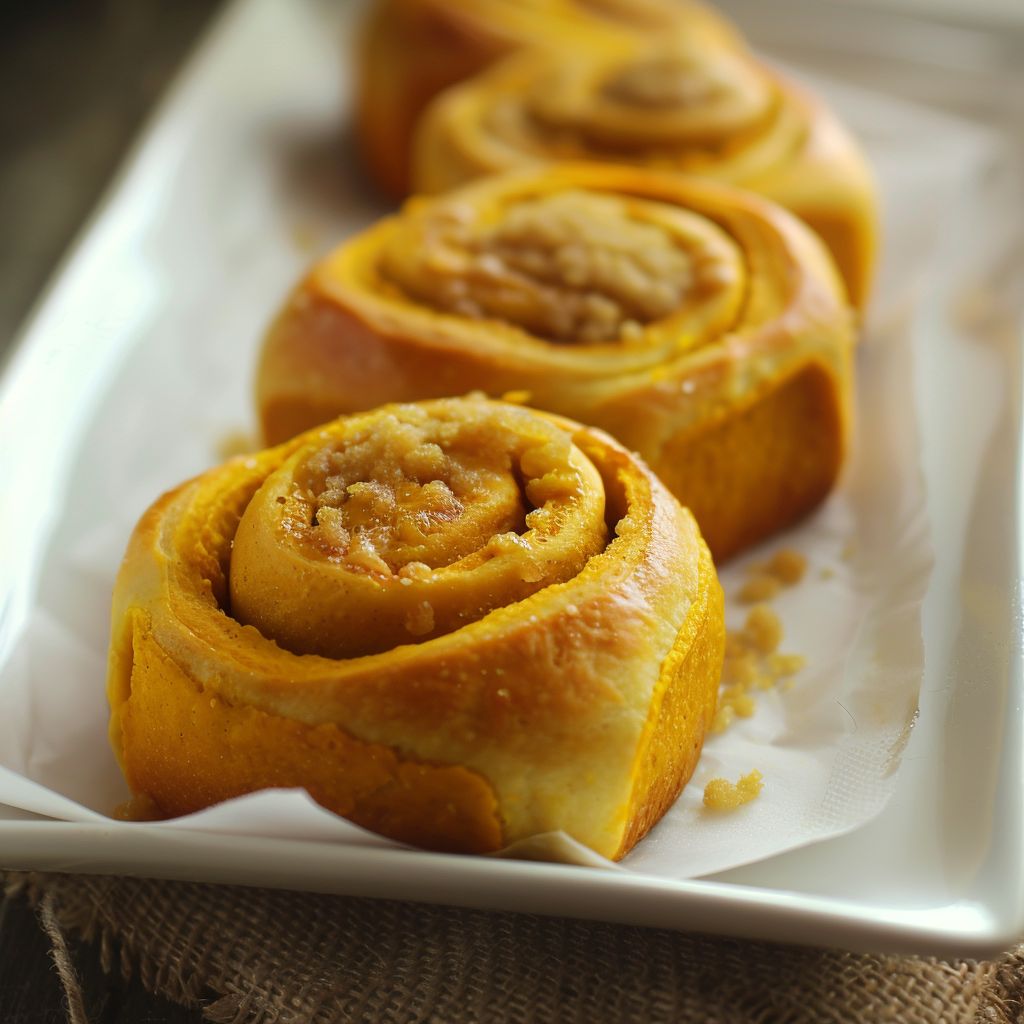 A close-up of warm, golden-brown pumpkin bread rolls arranged on a wooden surface.