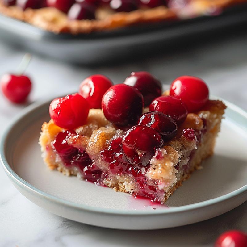 A close-up of a slice of apple dump cake on a light grey ceramic plate.