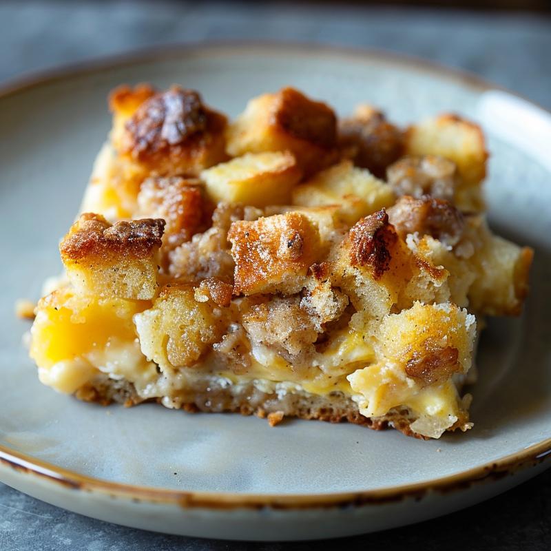 Close-up of a delicious portion of crack breakfast casserole on a light wood board.