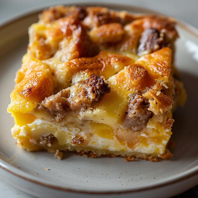 Close-up of a portion of crack breakfast casserole on a light grey plate.