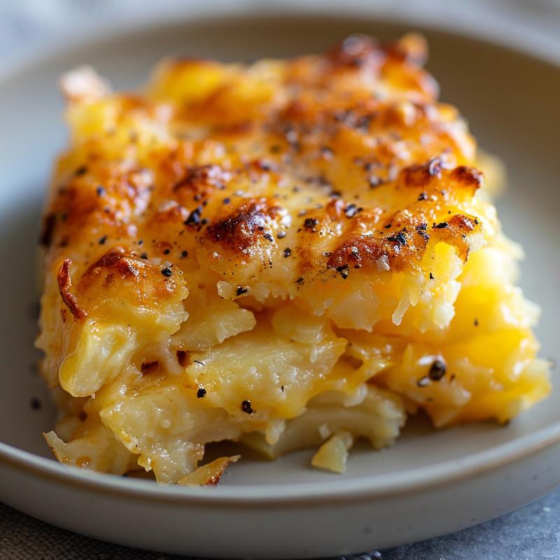 A close-up of a warm slice of caramel apple dump cake on a white plate, set against a marble surface.