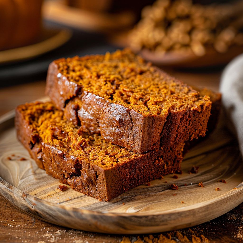 A close-up of a freshly baked pumpkin bread loaf on a wooden cutting board.