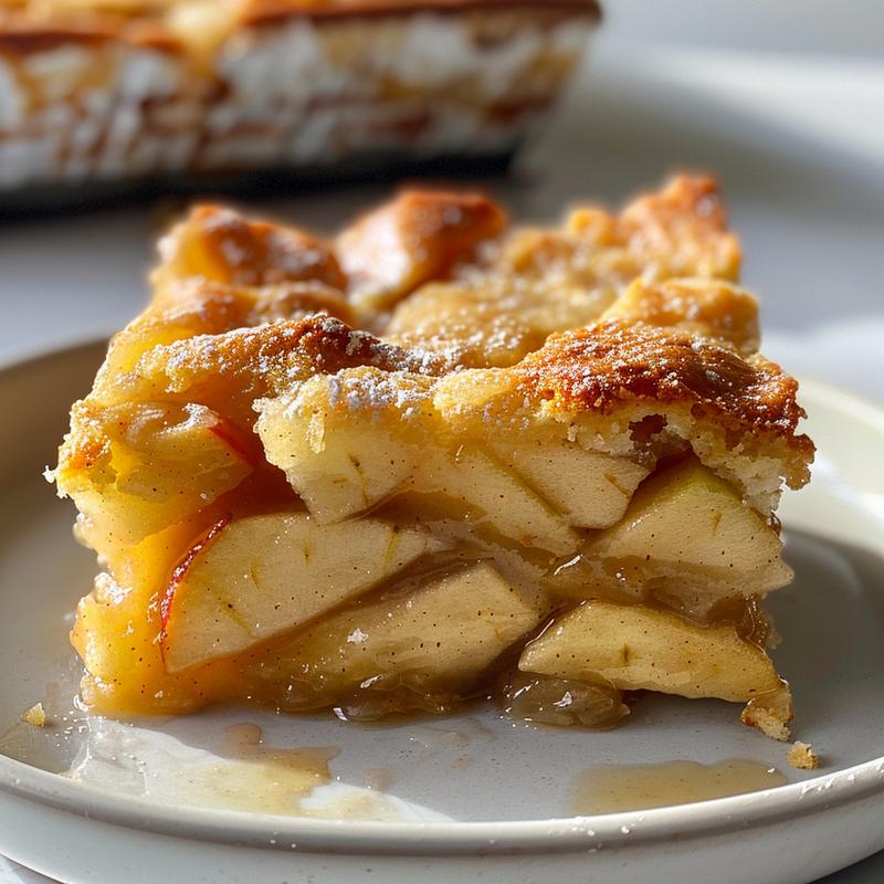 Close-up of a slice of apple dump cake on a light grey plate.