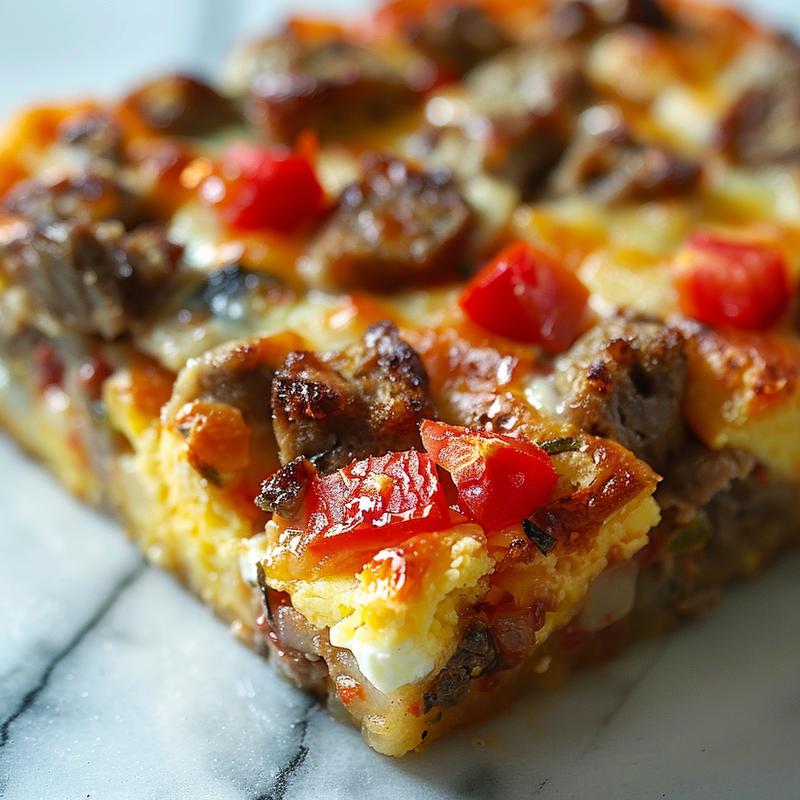 Close-up of a slice of breakfast casserole on a light grey plate, showcasing layers of egg, cheese, and vegetables.