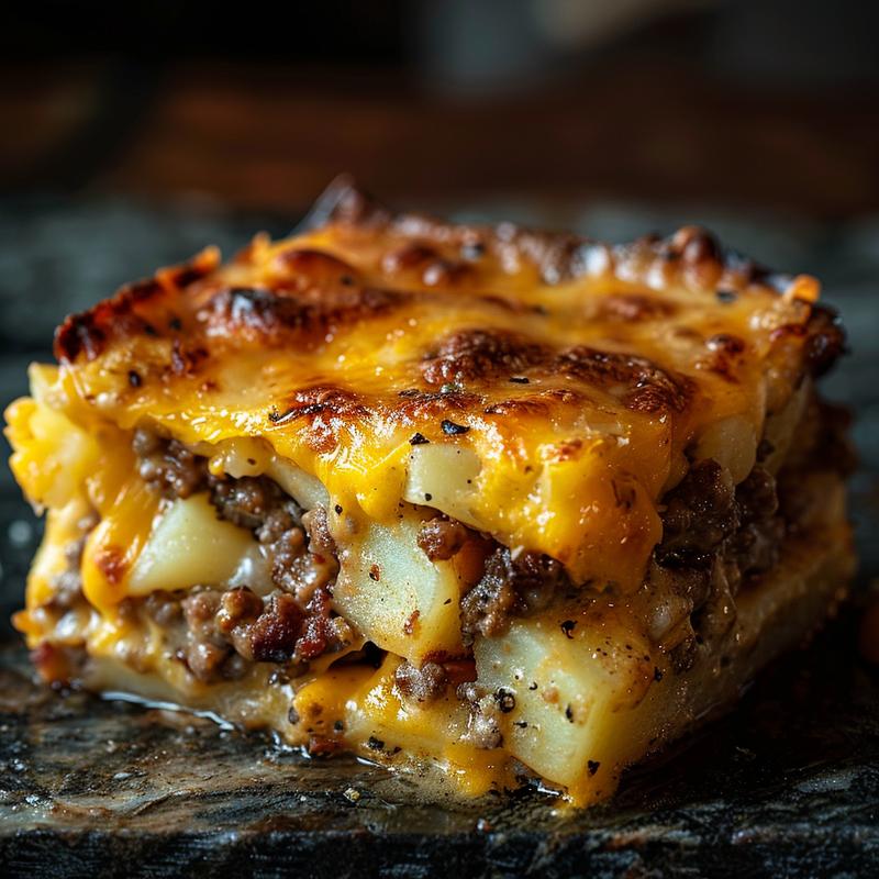 Close-up of a cheesy hamburger potato casserole with rich textures and melted cheese.