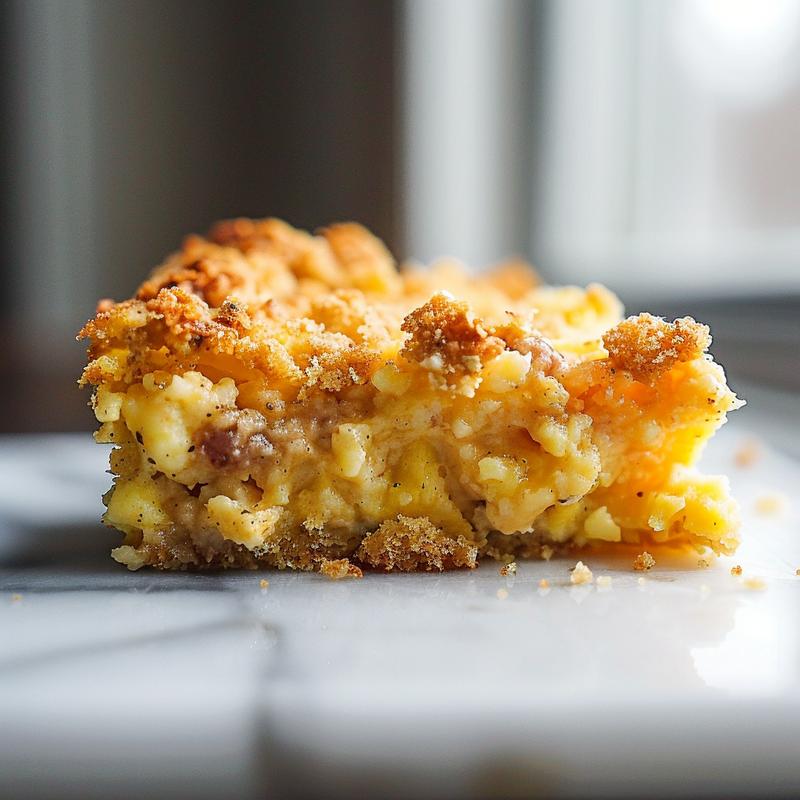 Close-up of a slice of apple dump cake on a light wood board.