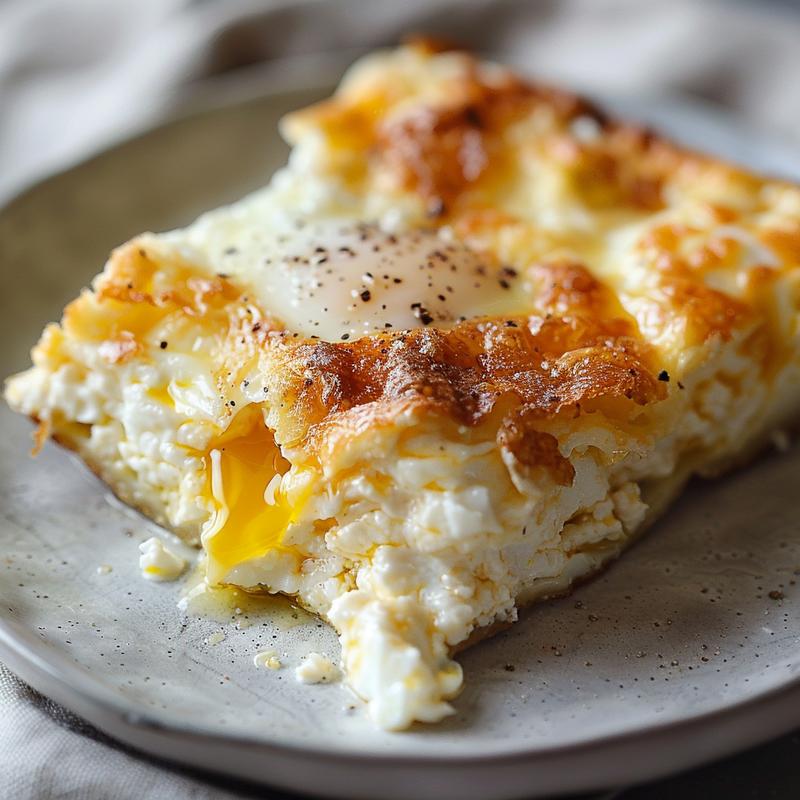 Close-up of a creamy potato casserole on a light grey plate.