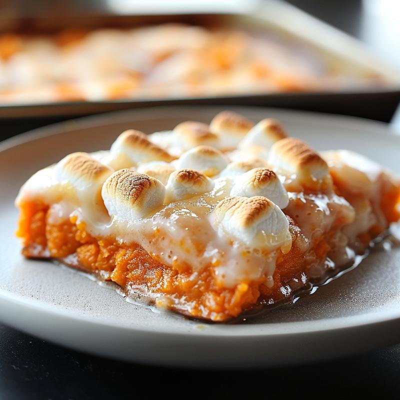 Close-up of a creamy sweet potato casserole topped with toasted marshmallows on a white marble surface.