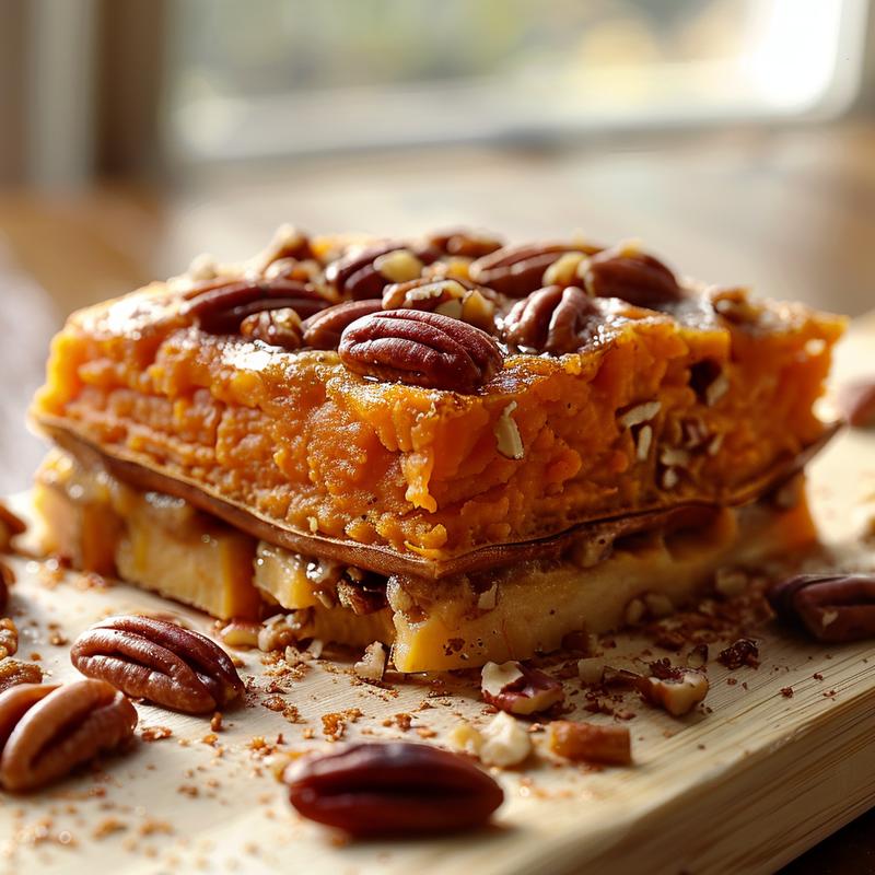 Close-up of a portion of sweet potato casserole topped with toasted marshmallows on a light grey plate.