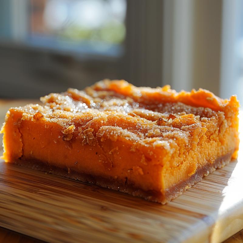 A close-up slice of pumpkin dump cake on a light wood board.