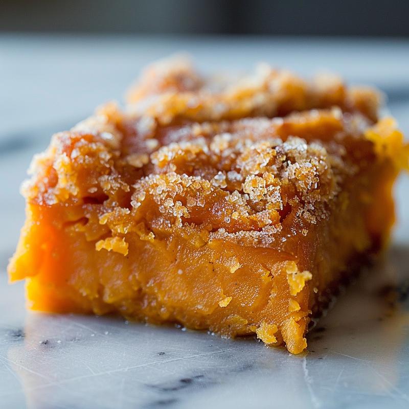 A close-up of a slice of pumpkin dump cake on a white plate, set on a marble surface.