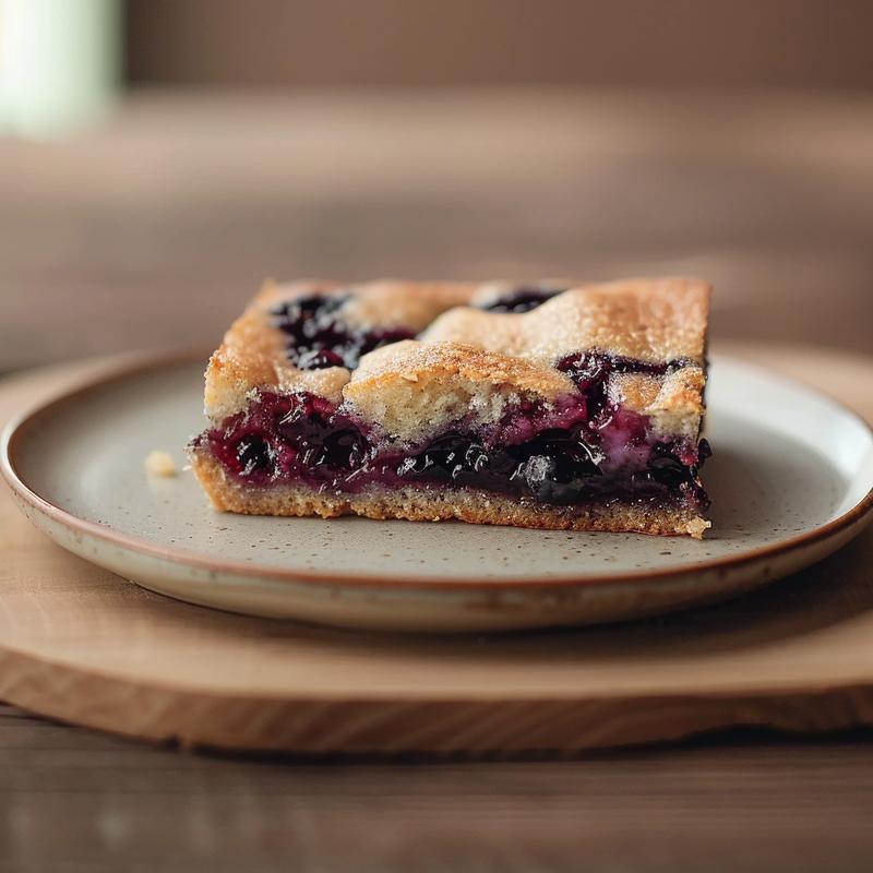 A close-up view of blueberry cinnamon roll casserole on a white marble surface.