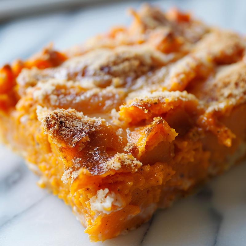 Close-up of a delicious portion of sweet potato casserole on a marble surface.