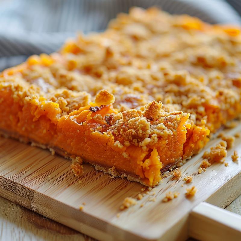 A close-up slice of peach dump cake on a minimalist wooden board.