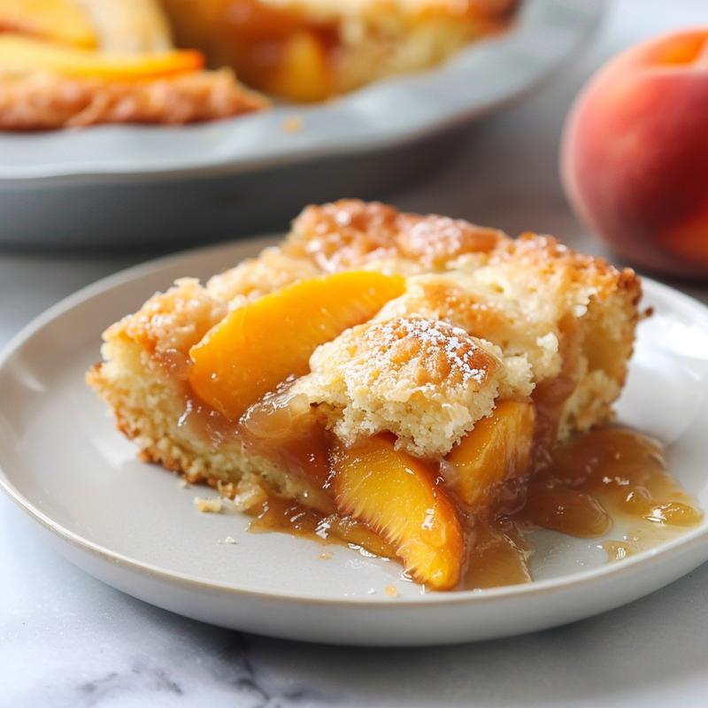 A close-up of a slice of peach dump cake on a light grey ceramic plate, showcasing its texture and color.