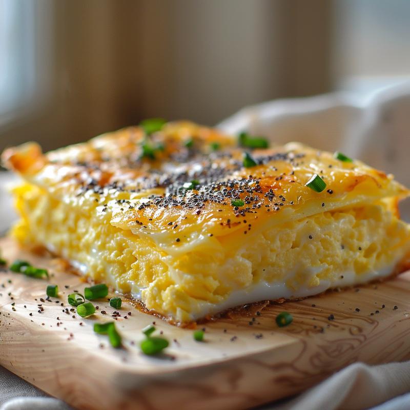 Close-up of a creamy sweet potato casserole with a golden-brown topping on a light wood board.