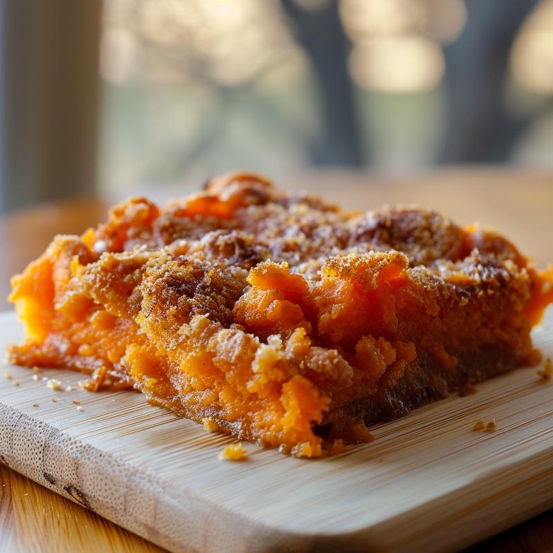 Close-up of a creamy sweet potato casserole with a golden-brown topping on a marble surface.