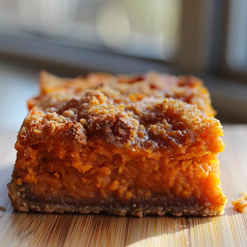 Close-up view of a creamy sweet potato casserole served on a natural wood board.