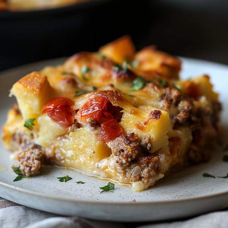 A close-up view of a creamy sweet potato casserole topped with a golden-brown crust on a white marble surface.