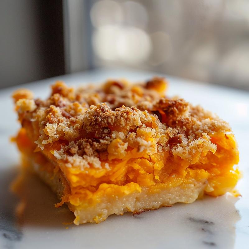Close-up of a slice of pineapple dump cake cobbler on a light grey ceramic plate.