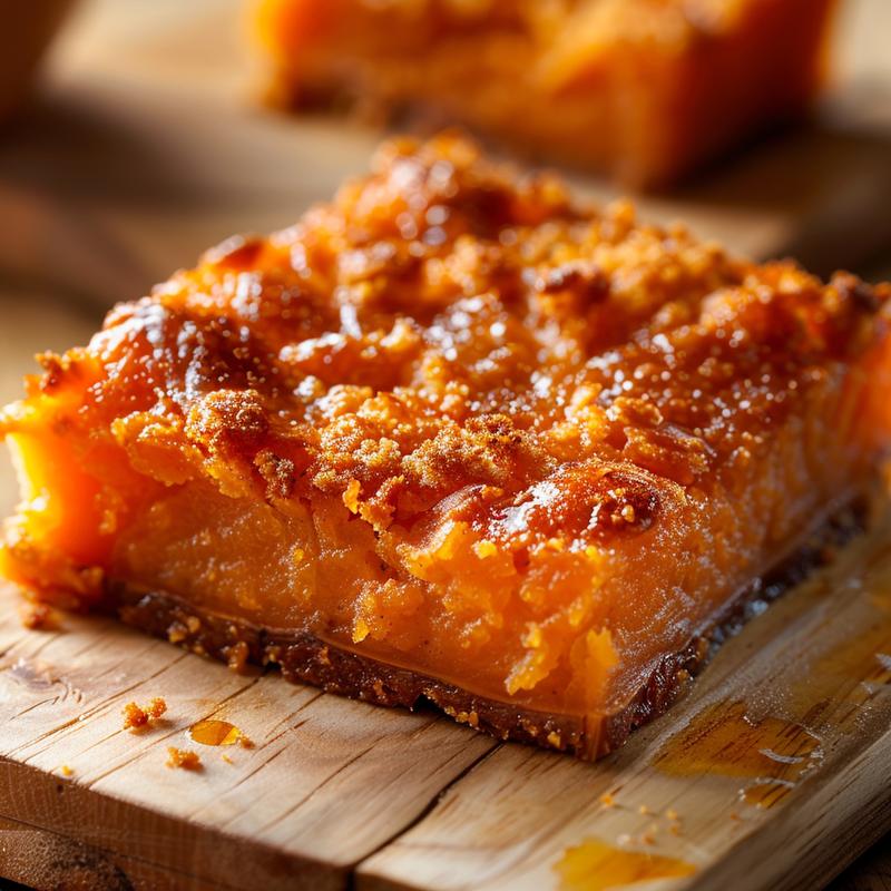 Close-up of a slice of pineapple dump cake on a rustic wooden board.