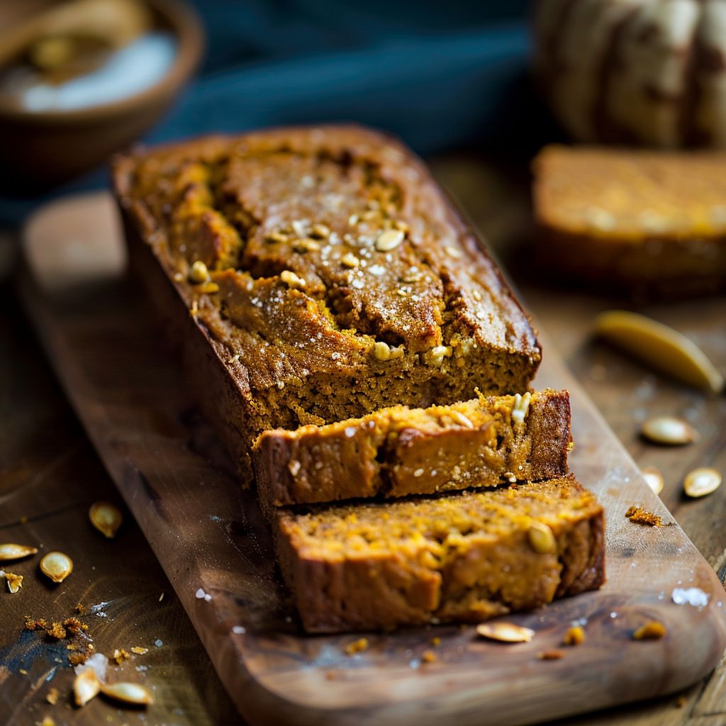 A close-up view of a slice of Vegan Pumpkin Bread on a wooden cutting board.
