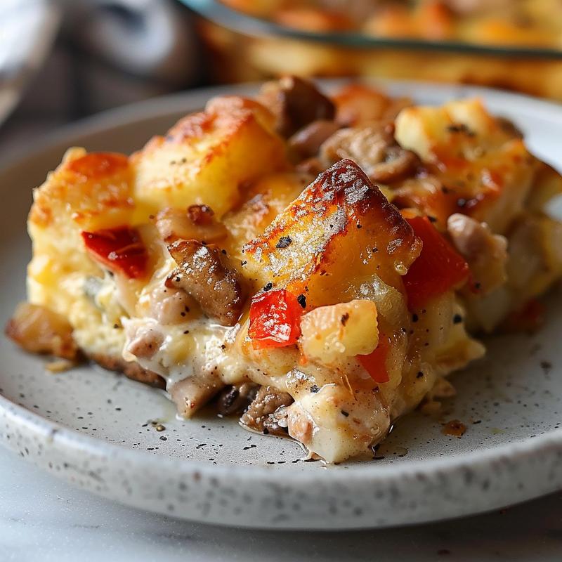 Close-up of a perfectly sliced dump cake with pie filling on a minimalist white marble surface.