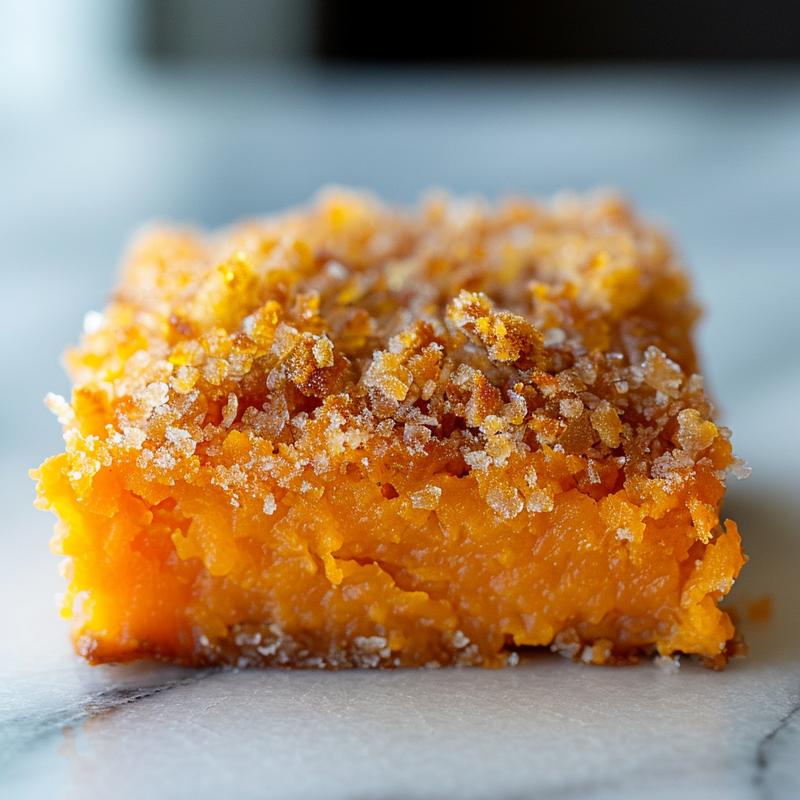 Close-up of a perfect slice of cherry dump cake on a light grey plate.