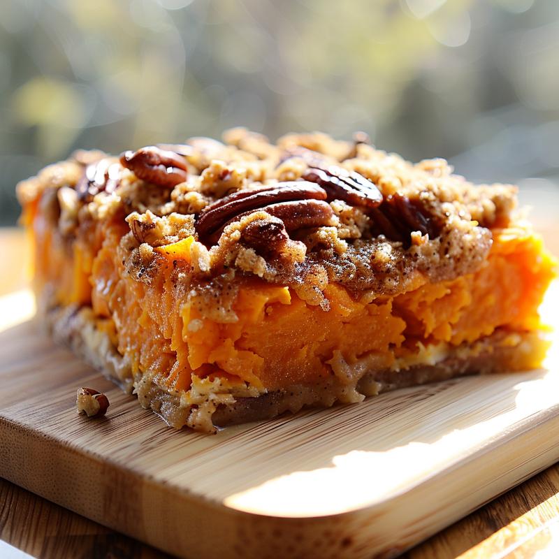 Close-up view of a slice of Southern sweet potato casserole on a light wood board.