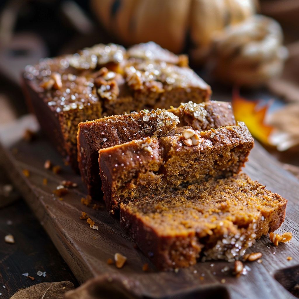 A slice of Maple Pumpkin Bread topped with a crumbly streusel on a rustic wooden table.