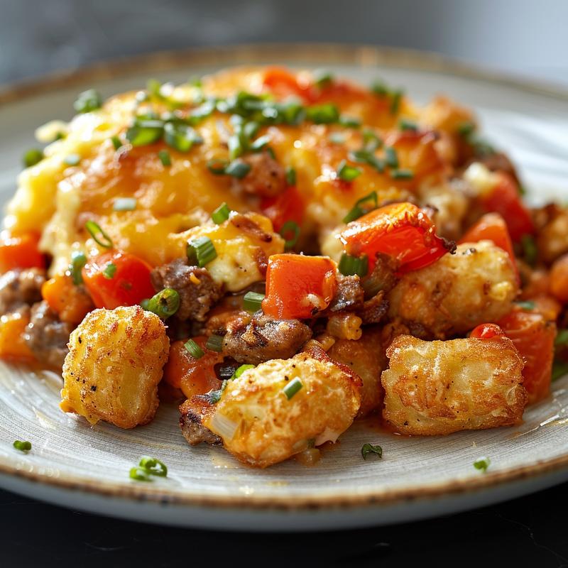 Close-up of a perfectly baked tater tot breakfast casserole on a light wood board.