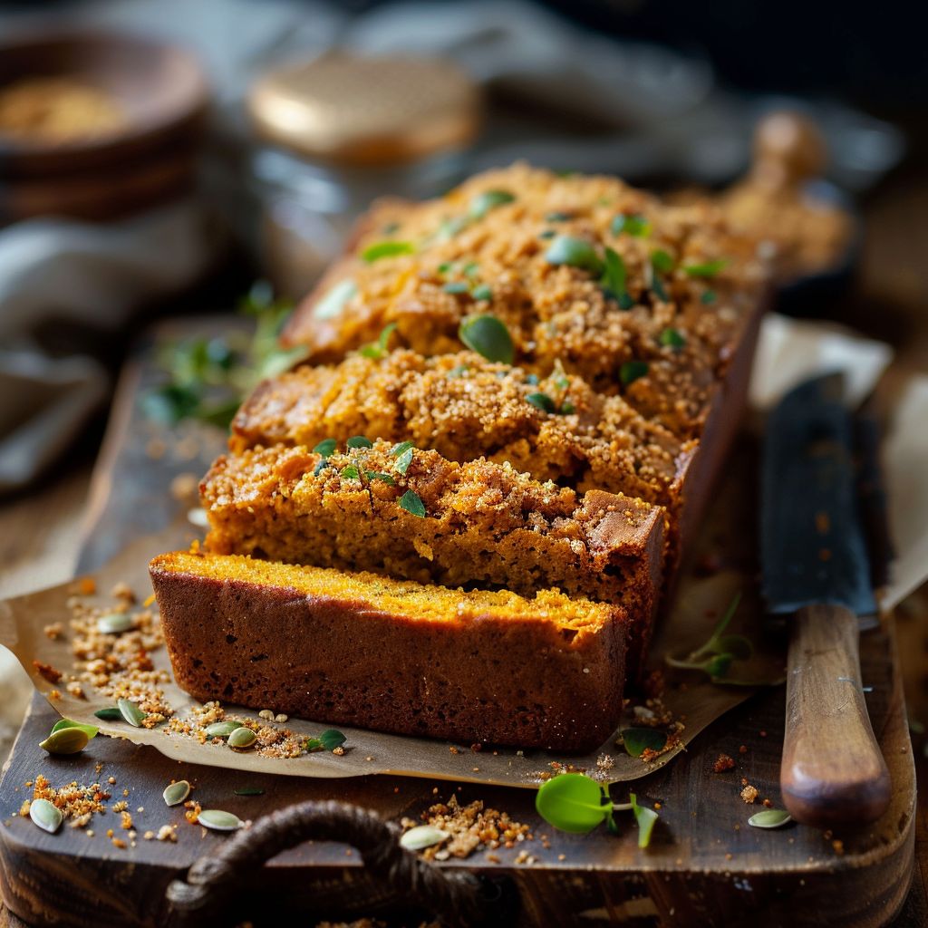 A freshly baked loaf of pumpkin bread on a rustic wooden table, showcasing its golden-brown crust and moist texture.