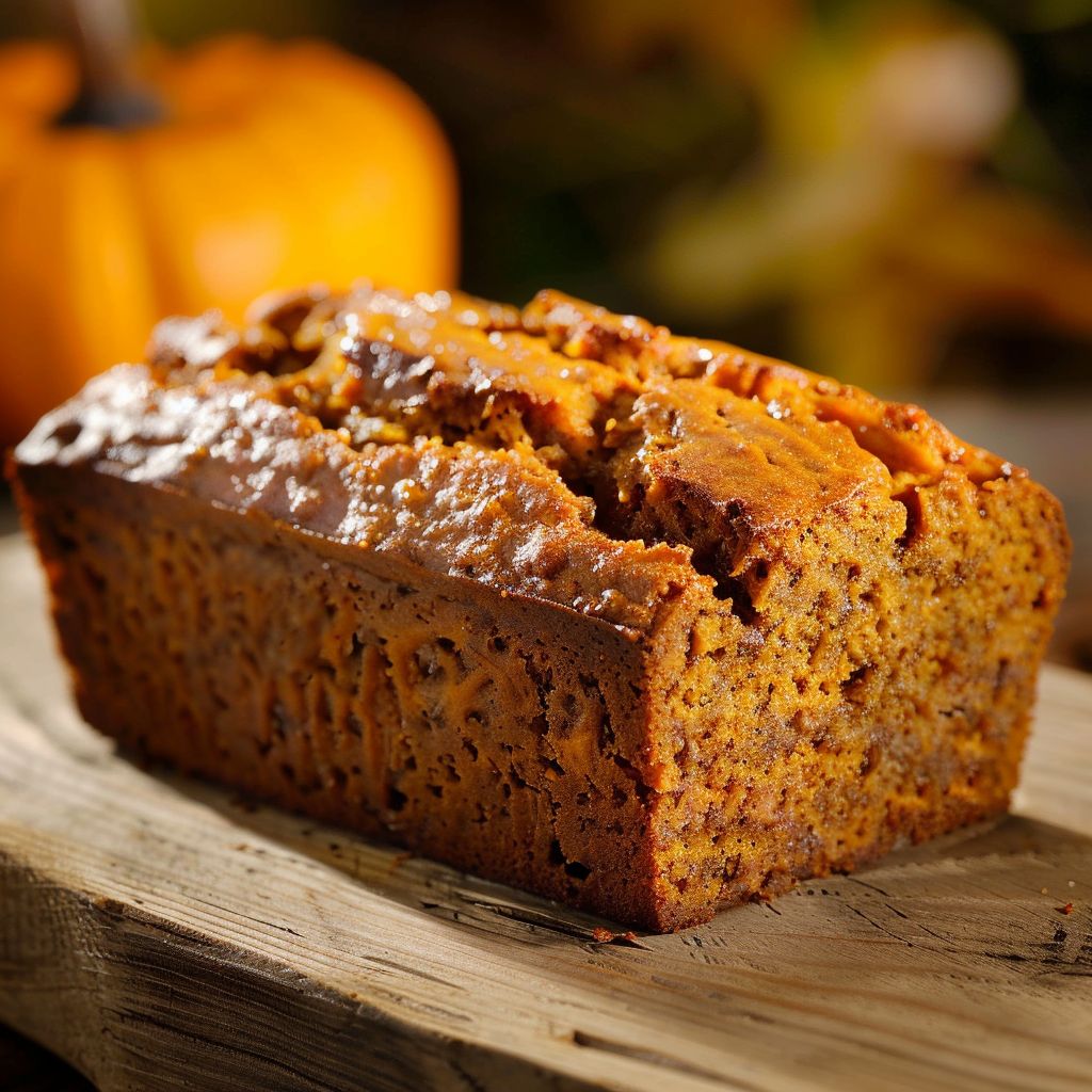 A moist slice of pumpkin bread topped with a sprinkle of cinnamon on a wooden cutting board.