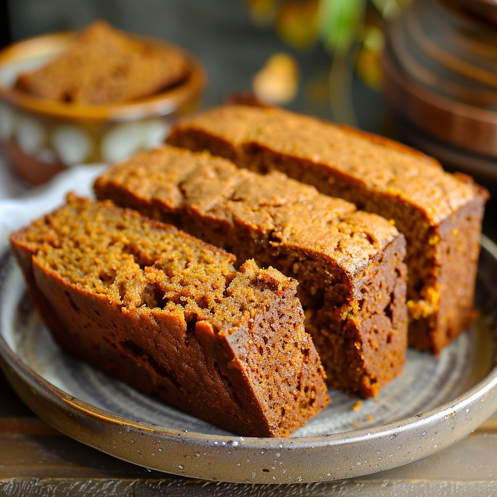 A slice of golden-brown pumpkin bread on a rustic wooden board, surrounded by pumpkin seeds and spices.