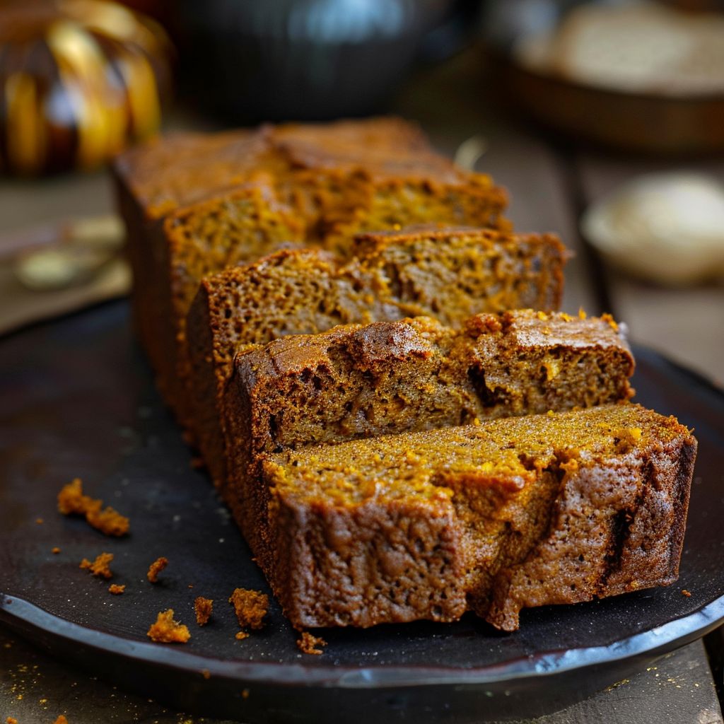A freshly baked loaf of pumpkin bread with a golden-brown crust, topped with pumpkin seeds and spices.
