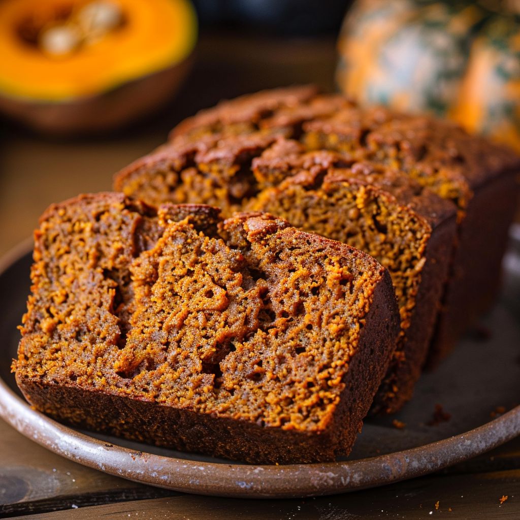 A close-up of a slice of pumpkin bread on a rustic wooden surface.