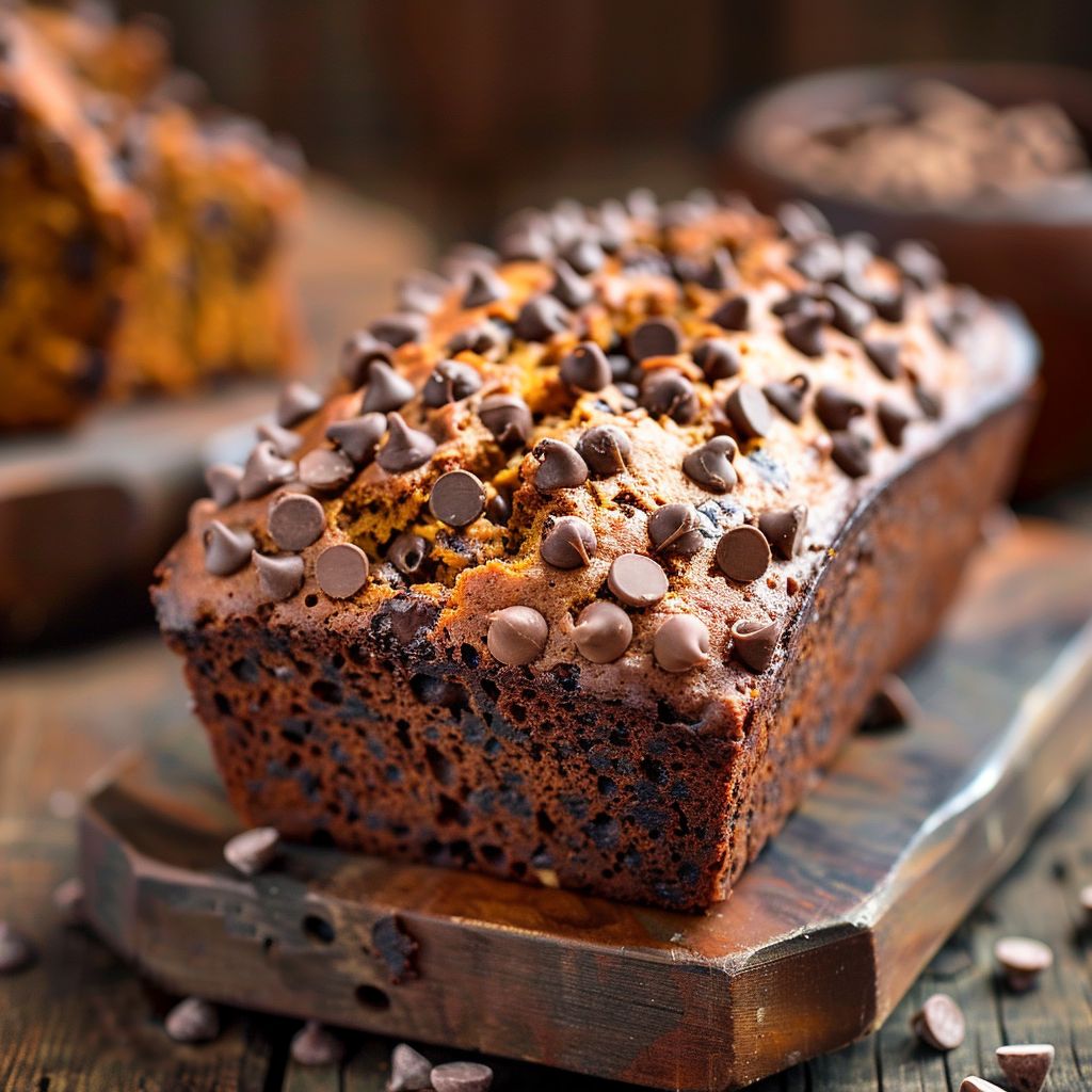 A freshly baked chocolate chip pumpkin bread loaf, sliced to reveal its moist texture and chocolate chunks.