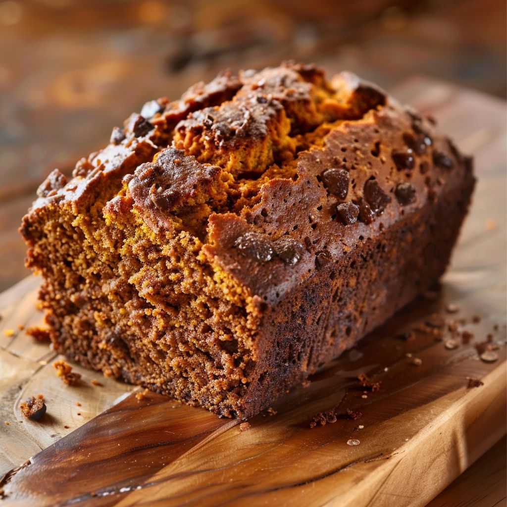 A close-up of a slice of moist pumpkin bread with a cinnamon sugar swirl, set on a rustic wooden table.