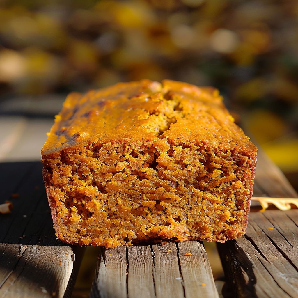 A close-up view of a slice of pumpkin bread on a wooden cutting board, showcasing its moist texture and orange color.