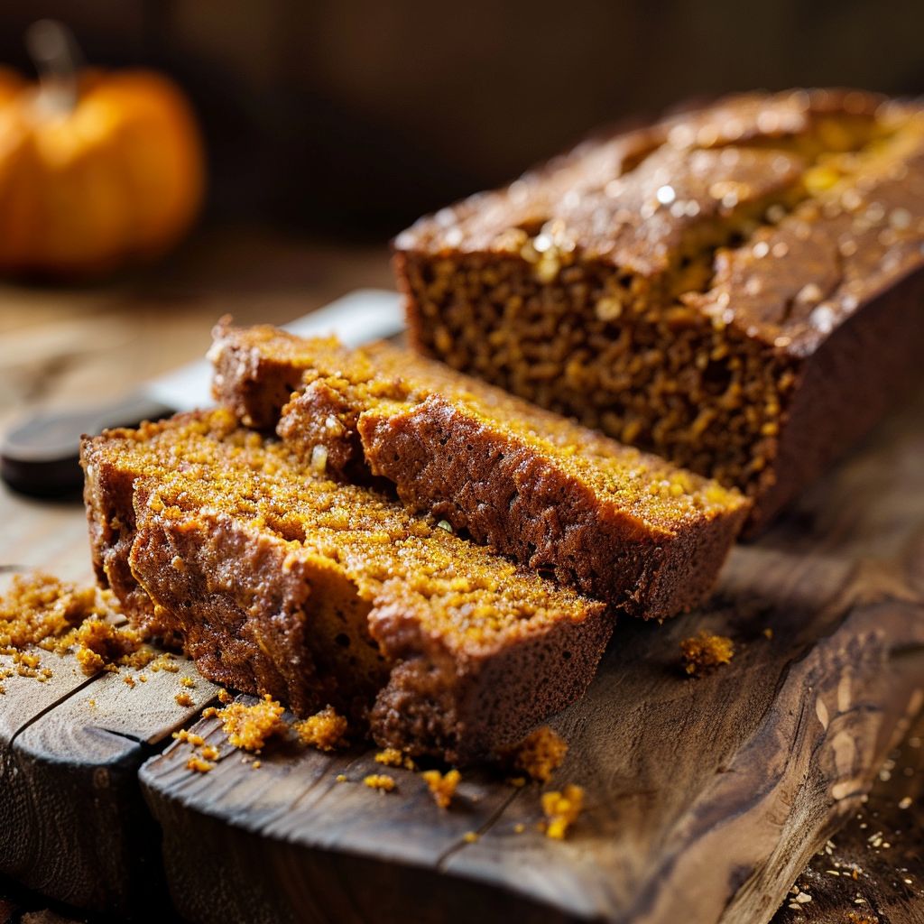 A slice of moist pumpkin bread topped with brown sugar pecans on a wooden table.