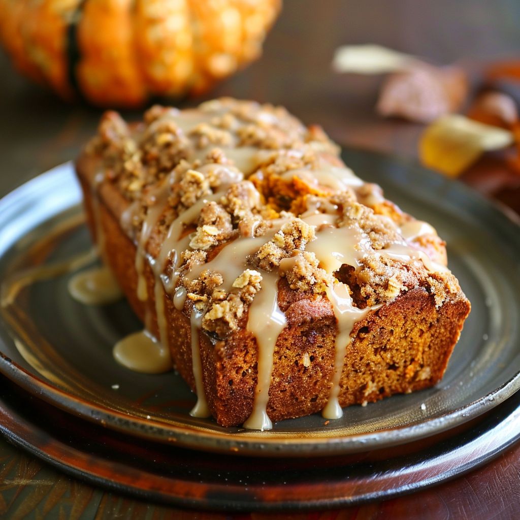 A close-up view of Maple-Glazed Streusel Pumpkin Bread with a golden-brown crust and streusel topping.