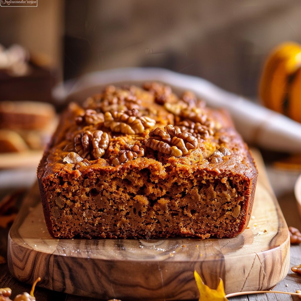 A sliced loaf of Pumpkin Cream Cheese Bread on a wooden board, showcasing its moist texture and cream cheese swirl.
