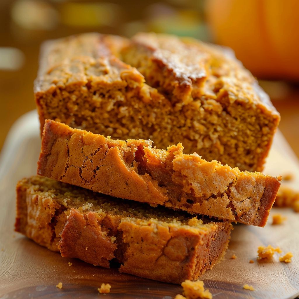A freshly baked loaf of pumpkin bread with a golden-brown crust, sliced to reveal its soft, moist interior.